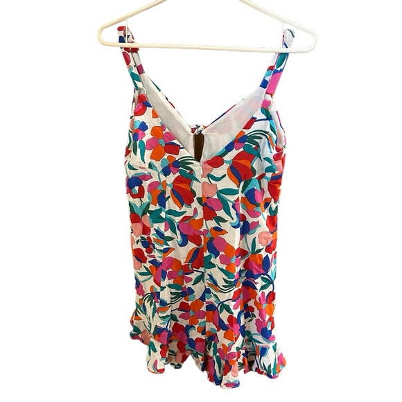 Olivaceous Linen Blend Floral Romper Tie Ruffles Adj Strap V-neck Halter Style S - Picture 3 of 14